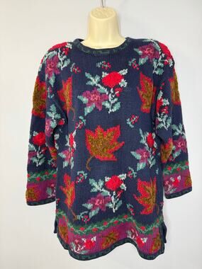 Talbots Blue Red Floral Tunic Sweater Heavyweight Hand Knitted Sweater Women S